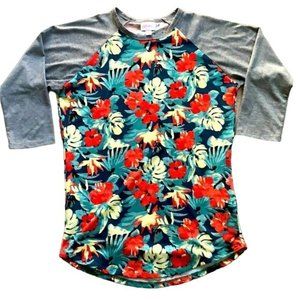 Lularoe Tropical Baseball Raglan T Shirt XS Grey Floral 3/4 Sleeves Round Neck